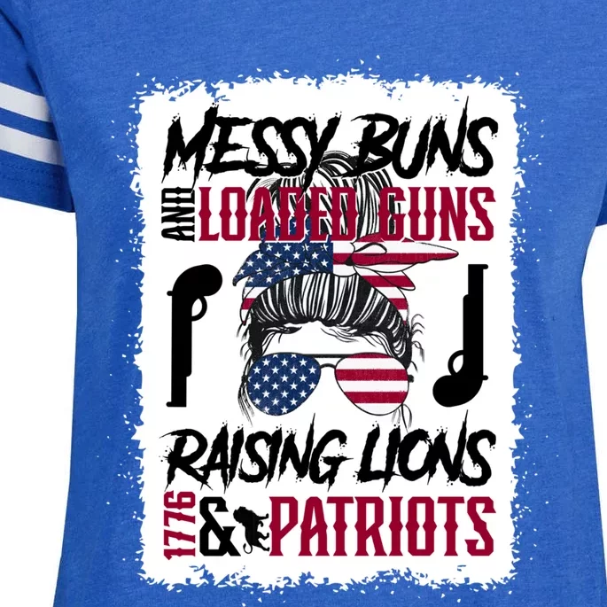 Messy Buns And Loaded Guns Raising Lions And Patriots Mom Great Gift Enza Ladies Jersey Football T-Shirt