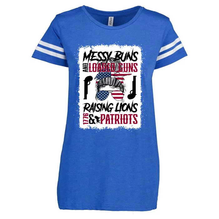 Messy Buns And Loaded Guns Raising Lions And Patriots Mom Great Gift Enza Ladies Jersey Football T-Shirt