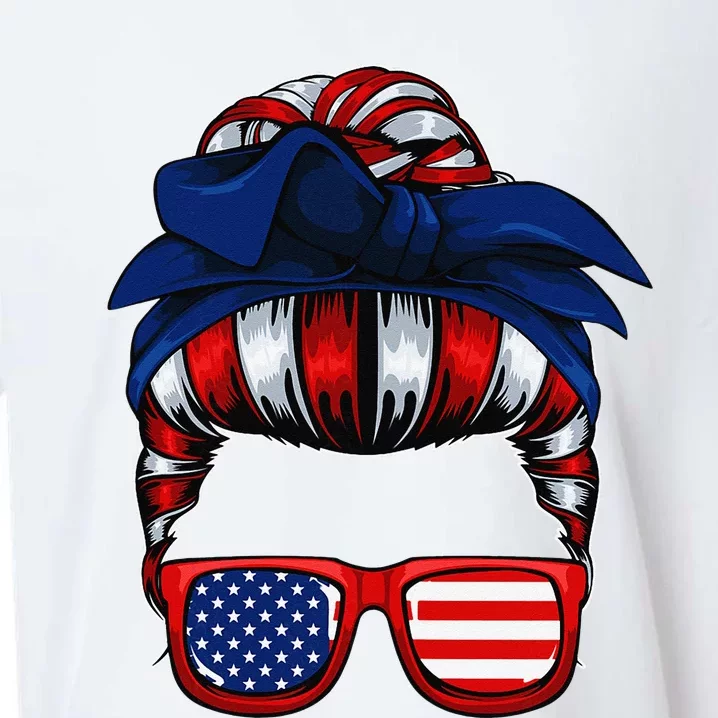 Messy Bun American Flag 4th Of July Patriotic Mom Sueded Cloud Jersey T-Shirt