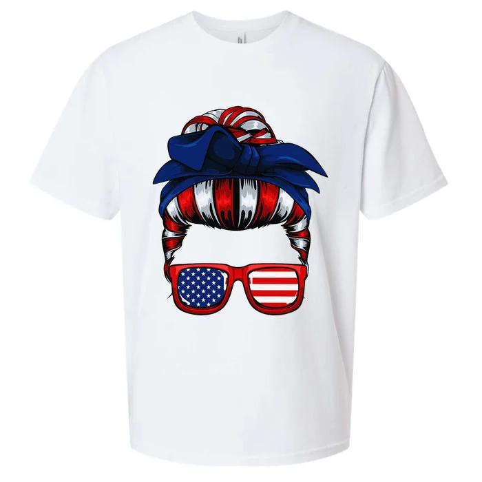 Messy Bun American Flag 4th Of July Patriotic Mom Sueded Cloud Jersey T-Shirt