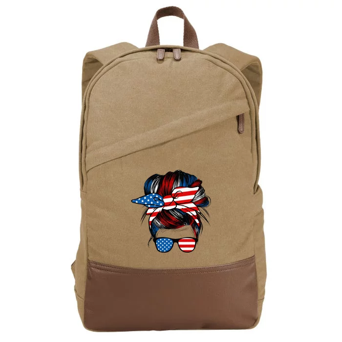 Messy Bun American Flag Glasses 4th Of July Patriotic Mom Cotton Canvas Backpack