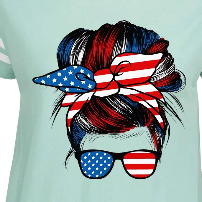 Messy Bun American Flag Glasses 4th Of July Patriotic Mom Enza Ladies Jersey Football T-Shirt