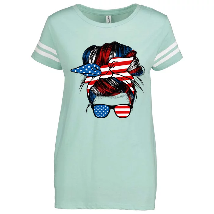 Messy Bun American Flag Glasses 4th Of July Patriotic Mom Enza Ladies Jersey Football T-Shirt