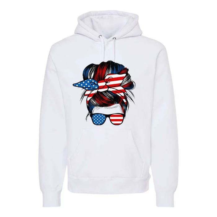 Messy Bun American Flag Glasses 4th Of July Patriotic Mom Premium Hoodie