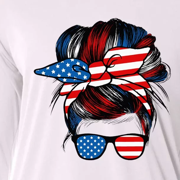 Messy Bun American Flag Glasses 4th Of July Patriotic Mom Cooling Performance Long Sleeve Crew