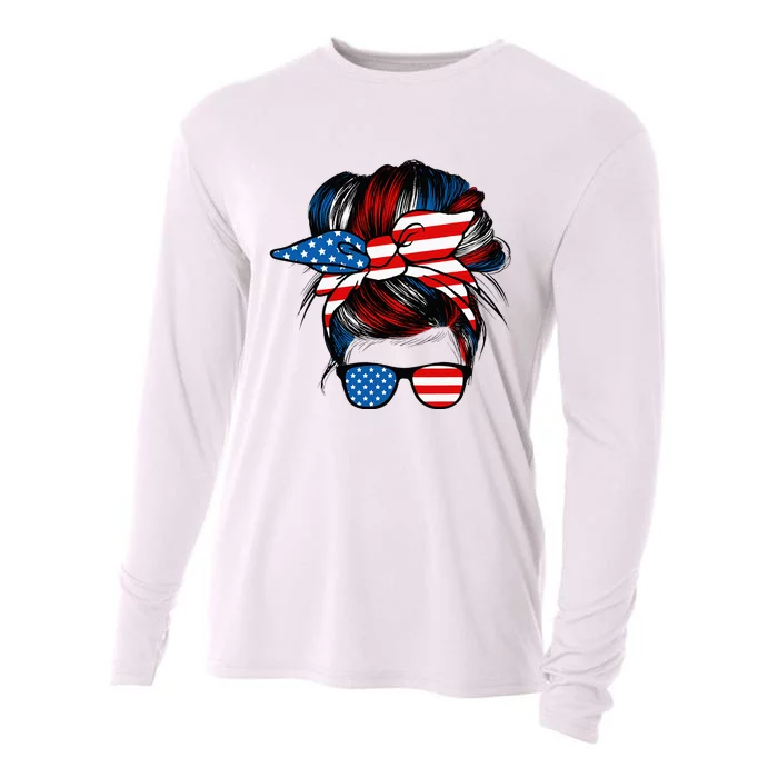 Messy Bun American Flag Glasses 4th Of July Patriotic Mom Cooling Performance Long Sleeve Crew