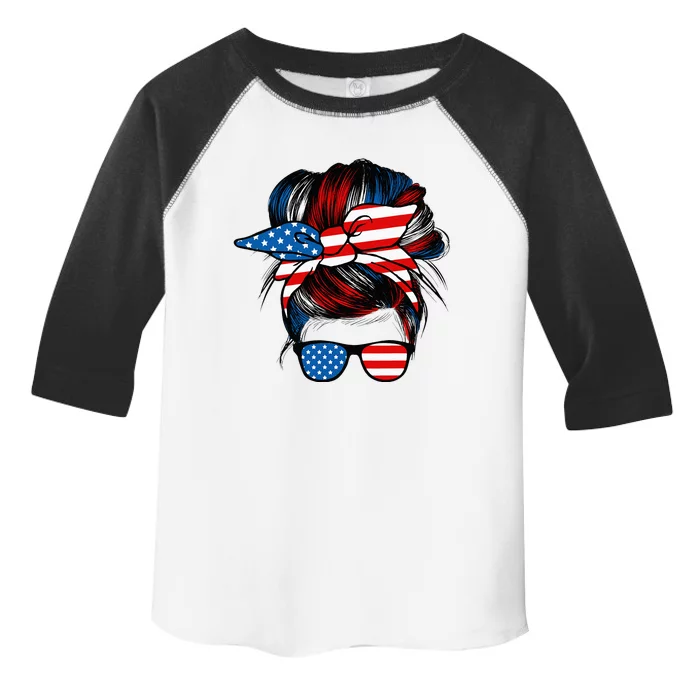 Messy Bun American Flag Glasses 4th Of July Patriotic Mom Toddler Fine Jersey T-Shirt