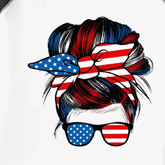 Messy Bun American Flag Glasses 4th Of July Patriotic Mom Infant Baby Jersey Bodysuit