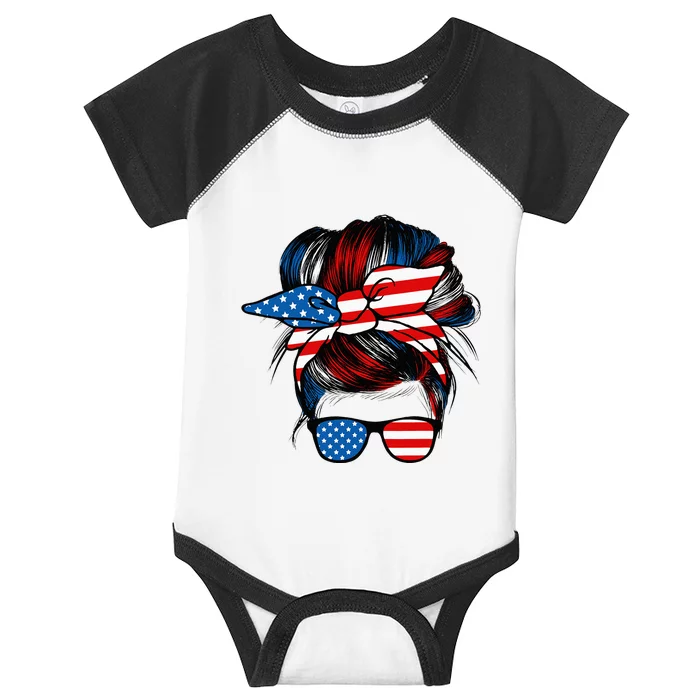 Messy Bun American Flag Glasses 4th Of July Patriotic Mom Infant Baby Jersey Bodysuit