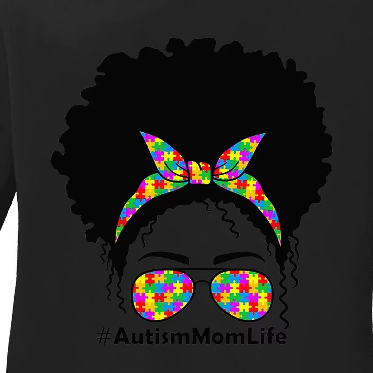 Messy Bun African American Hair Sunglasses Autism Mom Ladies Long Sleeve Shirt