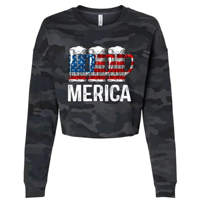 Merica Beer American Flag 4th Of July Cropped Pullover Crew