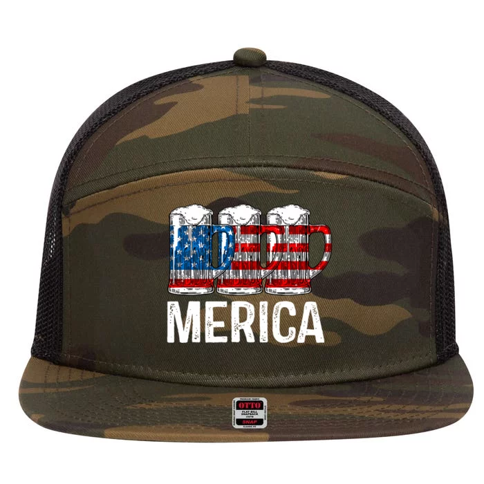 Merica Beer American Flag 4th Of July 7 Panel Mesh Trucker Snapback Hat