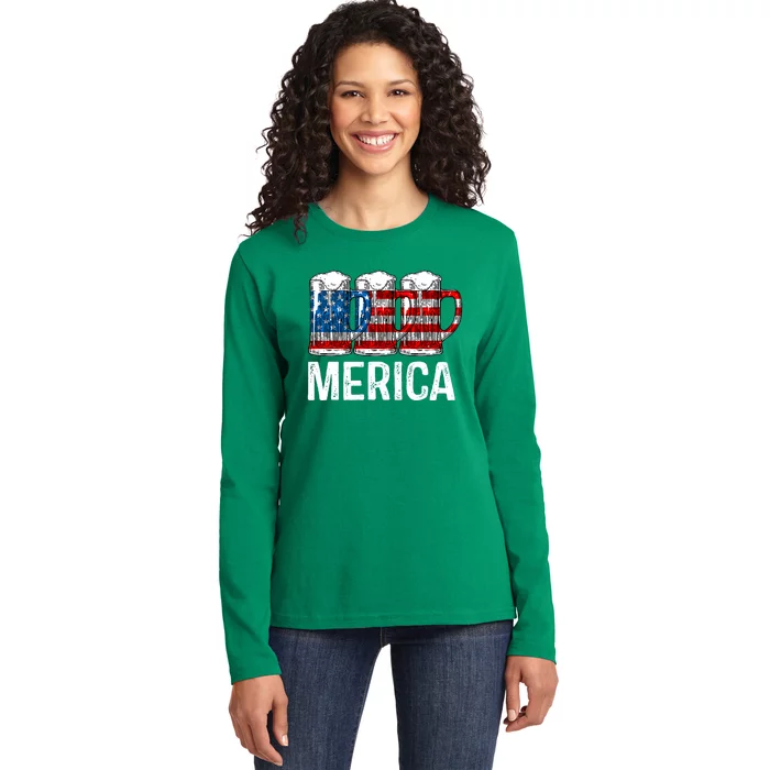 Merica Beer American Flag 4th Of July Ladies Long Sleeve Shirt