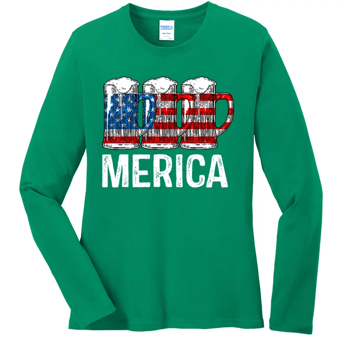 Merica Beer American Flag 4th Of July Ladies Long Sleeve Shirt