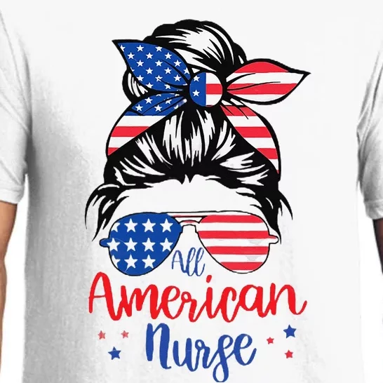 Messy Bun All American Nurse Memorial Day for Pajama Set