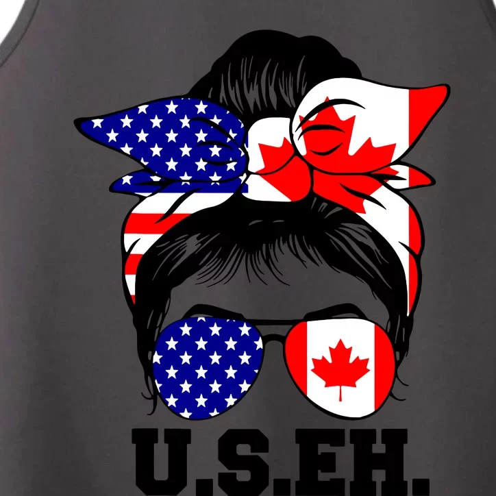 Messy Bun American Canadian Flag Sunglasses Us Eh Canada Day Tank Top Performance Tank