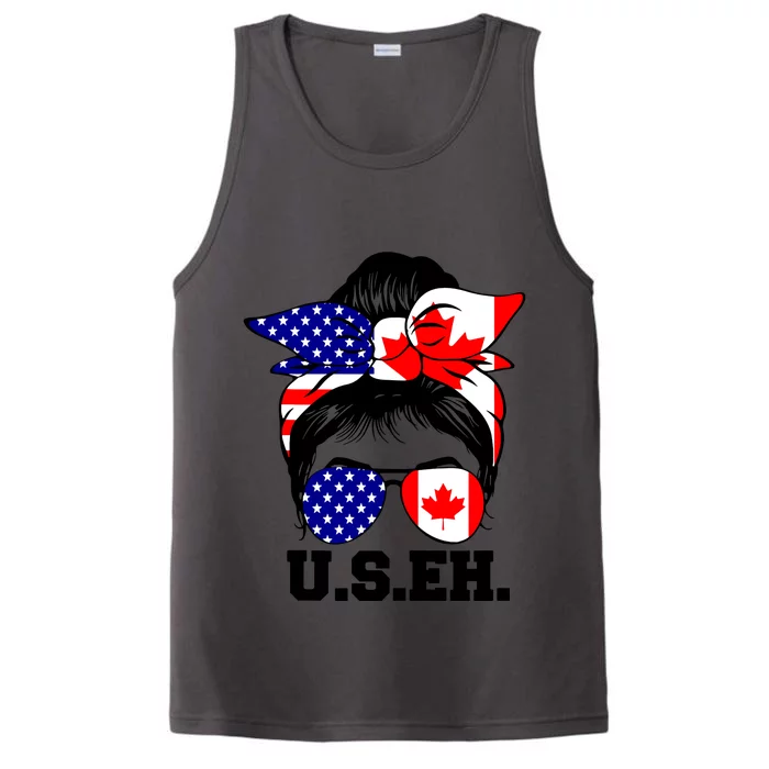 Messy Bun American Canadian Flag Sunglasses Us Eh Canada Day Tank Top Performance Tank