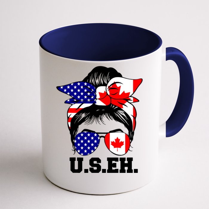 Messy Bun American Canadian Flag Sunglasses Us Eh Canada Day Tank Top Front & Back Coffee Mug