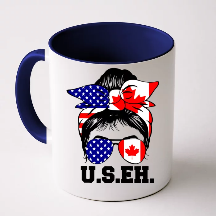 Messy Bun American Canadian Flag Sunglasses Us Eh Canada Day Tank Top Front & Back Coffee Mug