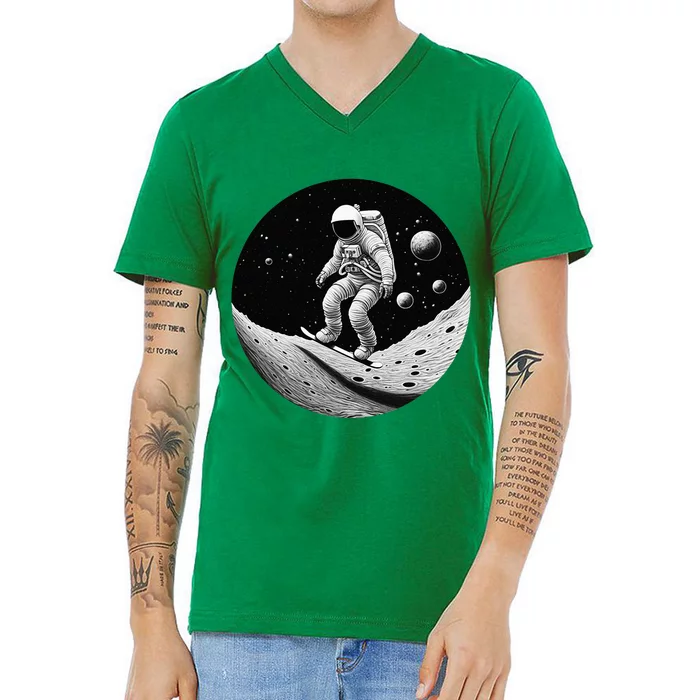 Moon Boarding Astronaut Funny V-Neck T-Shirt