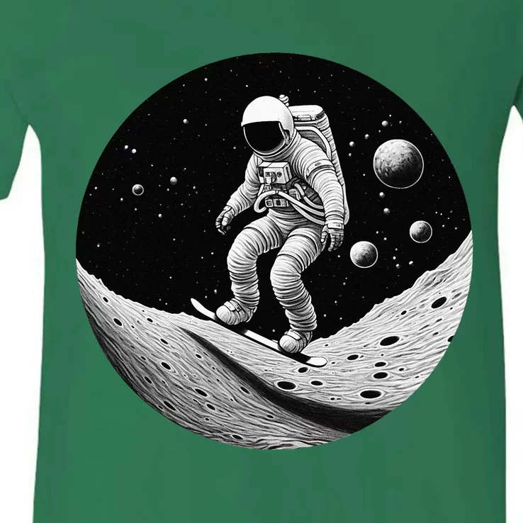 Moon Boarding Astronaut Funny V-Neck T-Shirt