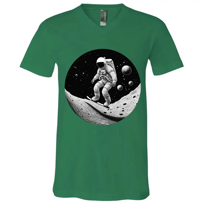 Moon Boarding Astronaut Funny V-Neck T-Shirt