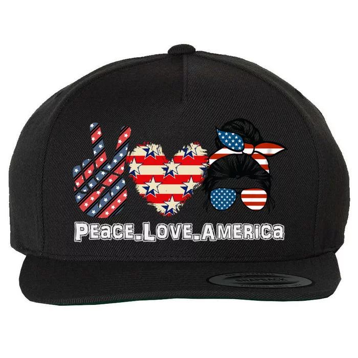 Messy Bun America Flag Peace Love America 4th Of July Gift Wool Snapback Cap