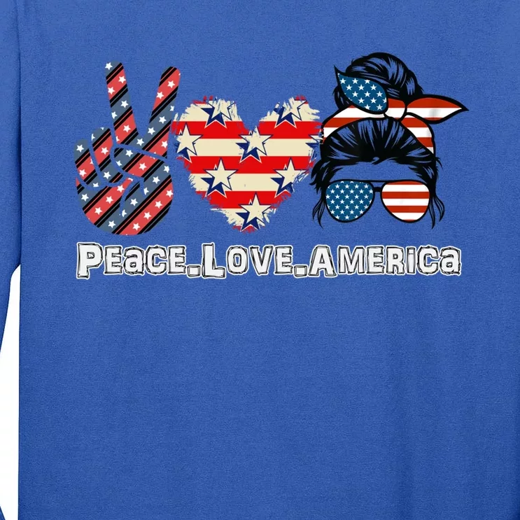 Messy Bun America Flag Peace Love America 4th Of July Gift Tall Long Sleeve T-Shirt