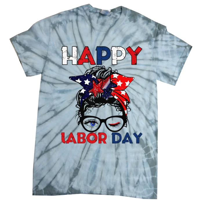 Messy Bun American Flag Labor Day Woman USA Vintage Tie-Dye T-Shirt