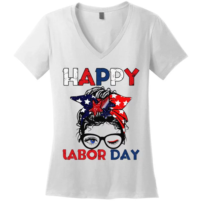 Messy Bun American Flag Labor Day Woman USA Vintage Women's V-Neck T-Shirt