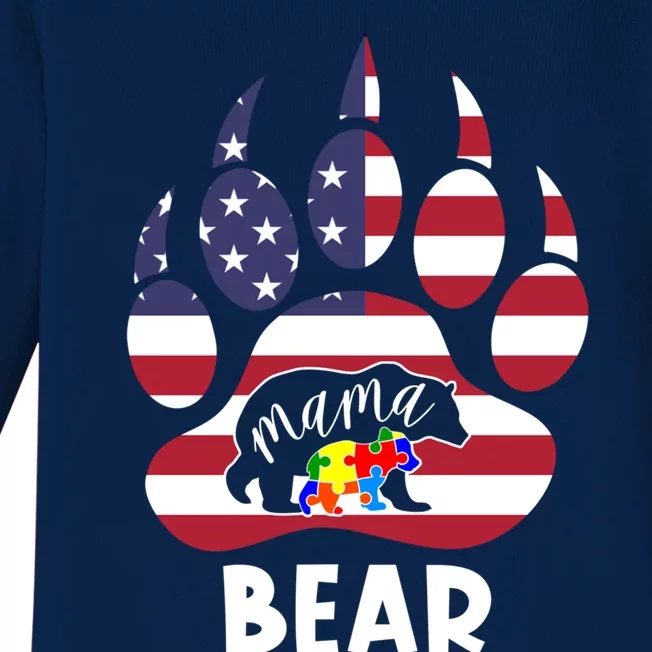 Mama Bear Autism American Flag 4th Of July Patriotic Mom Gift Baby Long Sleeve Bodysuit