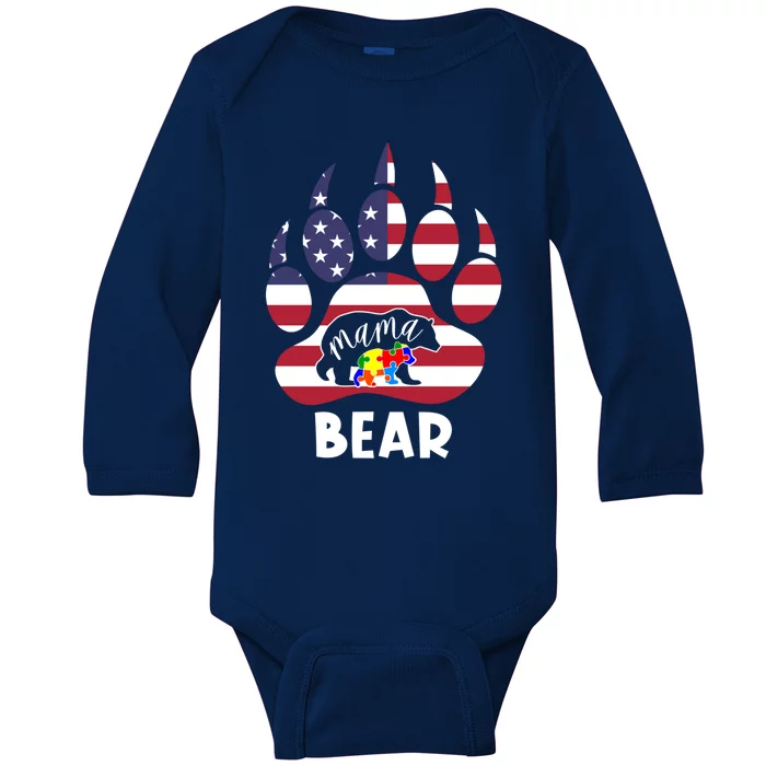 Mama Bear Autism American Flag 4th Of July Patriotic Mom Gift Baby Long Sleeve Bodysuit