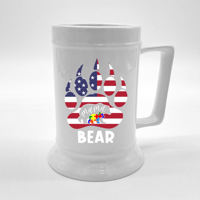 Mama Bear Autism American Flag 4th Of July Patriotic Mom Gift Front & Back Beer Stein