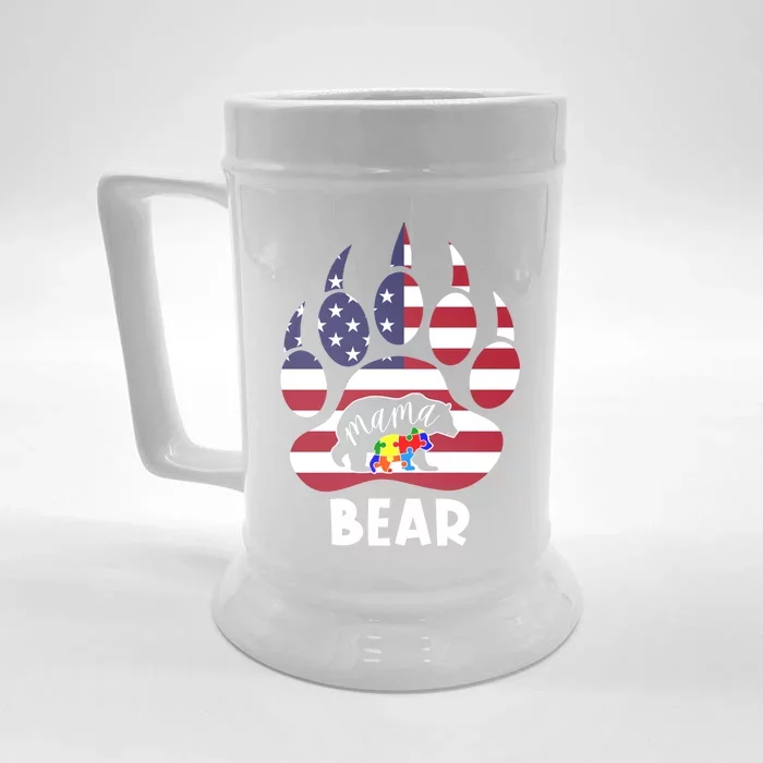 Mama Bear Autism American Flag 4th Of July Patriotic Mom Gift Front & Back Beer Stein