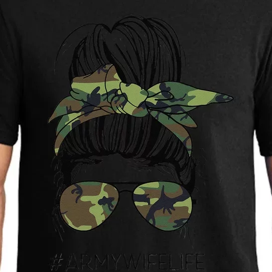 Messy Bun Army Wife Life Camo Print Sunglasses Mothers Day Pajama Set