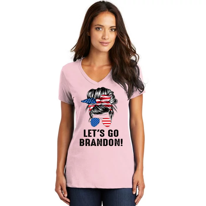 Messy Bun American Flag Let's Go Brandon Women's V-Neck T-Shirt