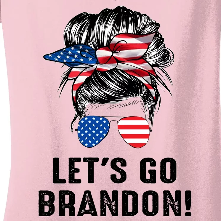 Messy Bun American Flag Let's Go Brandon Women's V-Neck T-Shirt