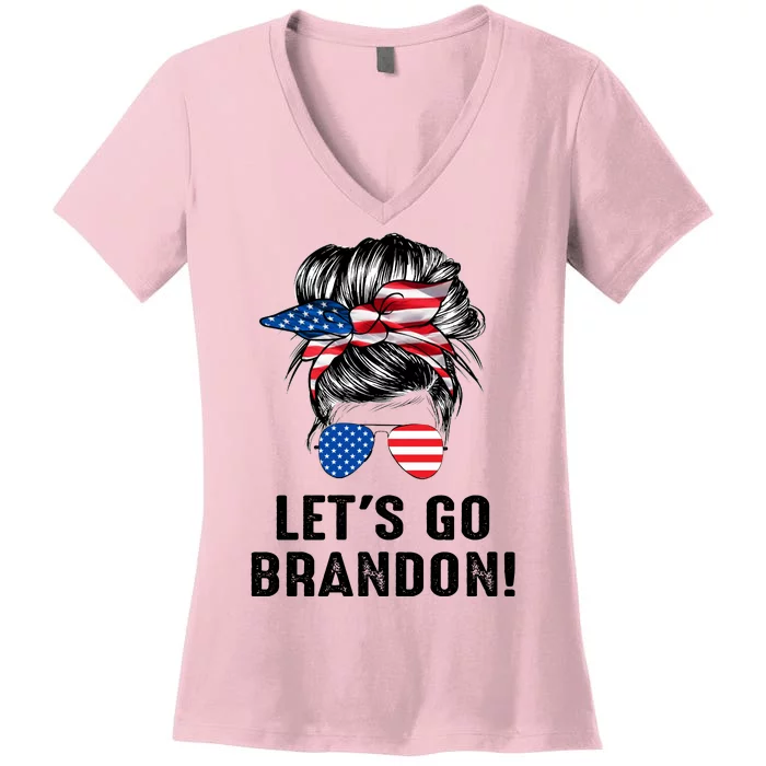 Messy Bun American Flag Let's Go Brandon Women's V-Neck T-Shirt