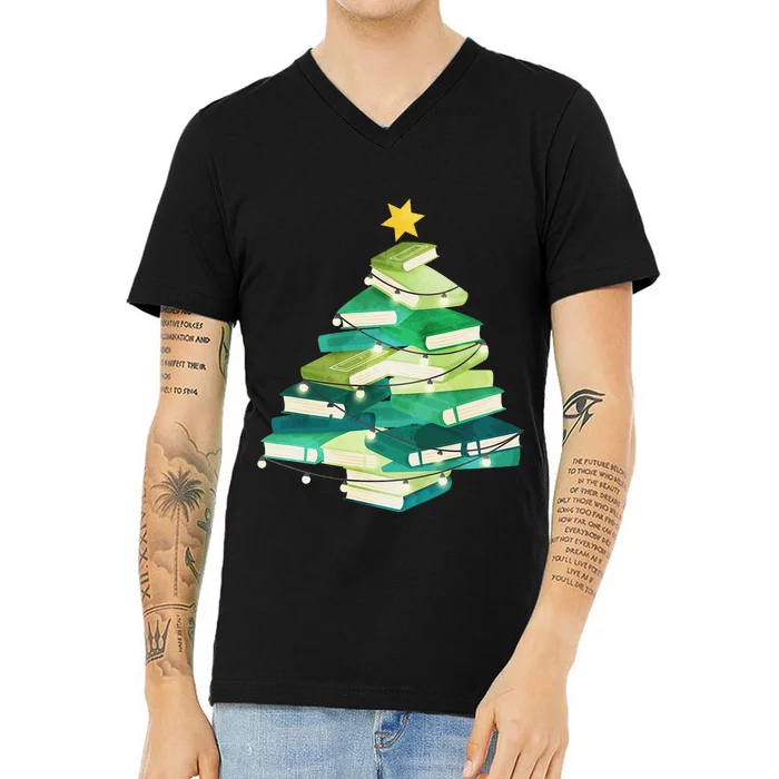 Merry Bookmas Books Pine Tree Funny Reading Lover Christmas V-Neck T-Shirt