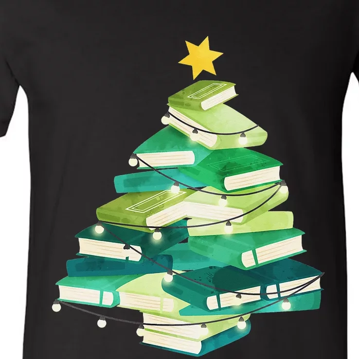 Merry Bookmas Books Pine Tree Funny Reading Lover Christmas V-Neck T-Shirt