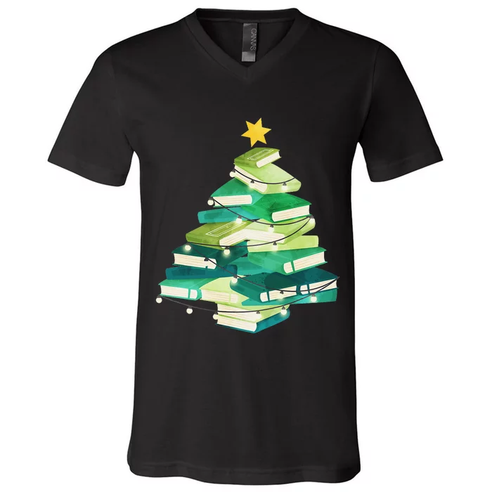 Merry Bookmas Books Pine Tree Funny Reading Lover Christmas V-Neck T-Shirt