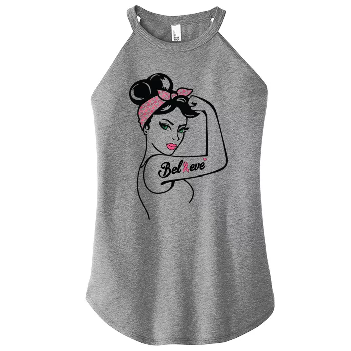 Messy Bun Believe Warrior Support Breast Cancer Awareness Gift Women’s Perfect Tri Rocker Tank