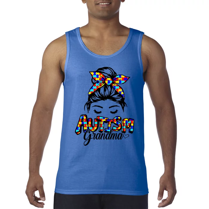 Messy Bun Bandana Grandma Support Autism Awareness Gift Tank Top