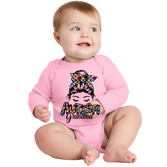 Messy Bun Bandana Grandma Support Autism Awareness Gift Baby Long Sleeve Bodysuit