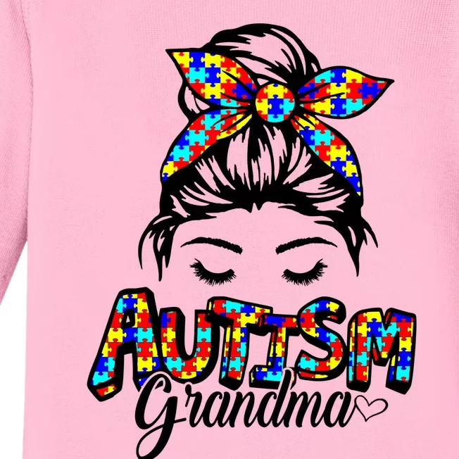 Messy Bun Bandana Grandma Support Autism Awareness Gift Baby Long Sleeve Bodysuit