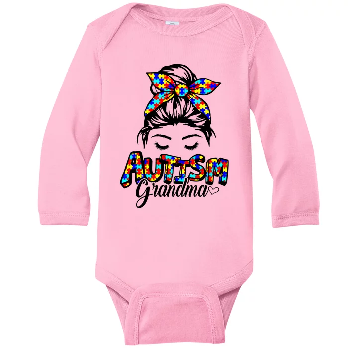 Messy Bun Bandana Grandma Support Autism Awareness Gift Baby Long Sleeve Bodysuit