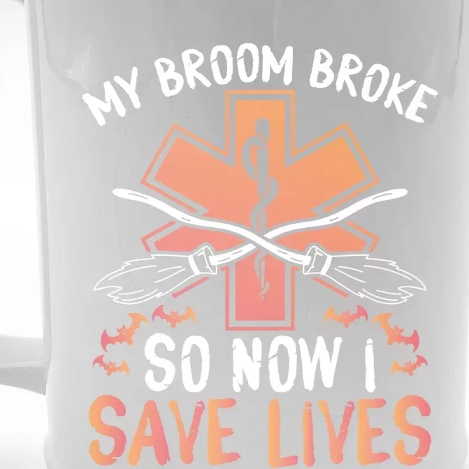 My Broom Broke So Now I Save Lives Emt Halloween Gift Front & Back Beer Stein