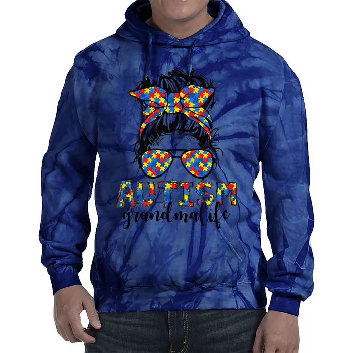 Messy Bun Bandana Grandma Support Women Autism Awareness Tie Dye Hoodie