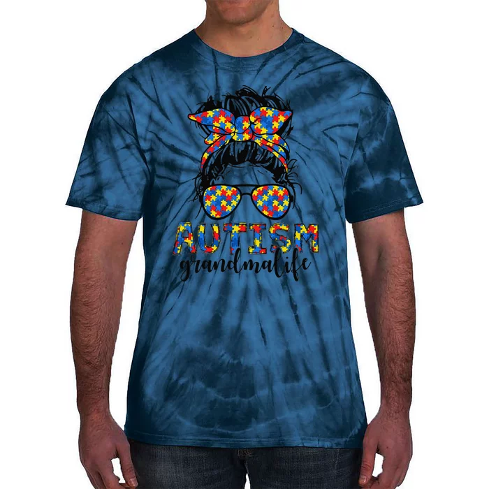 Messy Bun Bandana Grandma Support Women Autism Awareness Tie-Dye T-Shirt