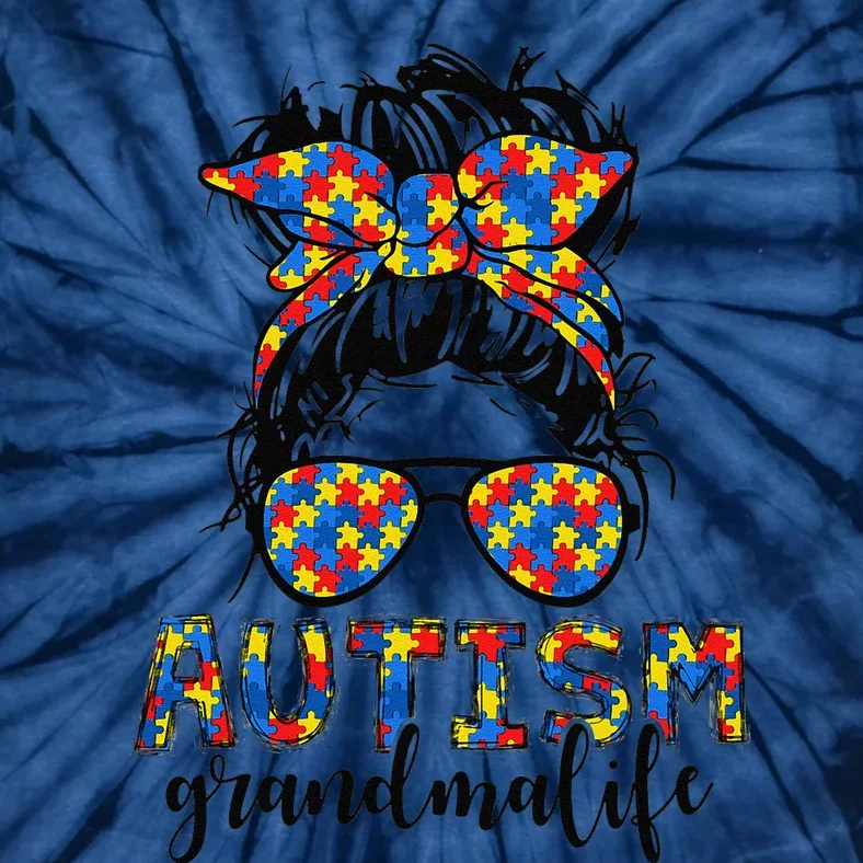 Messy Bun Bandana Grandma Support Women Autism Awareness Tie-Dye T-Shirt